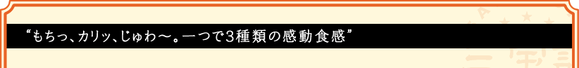 “もちっ、カリッ、じゅわ~。一つで3種類の感動食感”