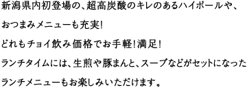 新潟県内初登場の、超高炭酸のキレのあるハイボールや、おつまみメニューも充実!どれもチョイ飲み価格でお手軽!満足!ランチタイムには、生煎や豚まんと、スープなどがセットになったランチメニューもお楽しみいただけます。